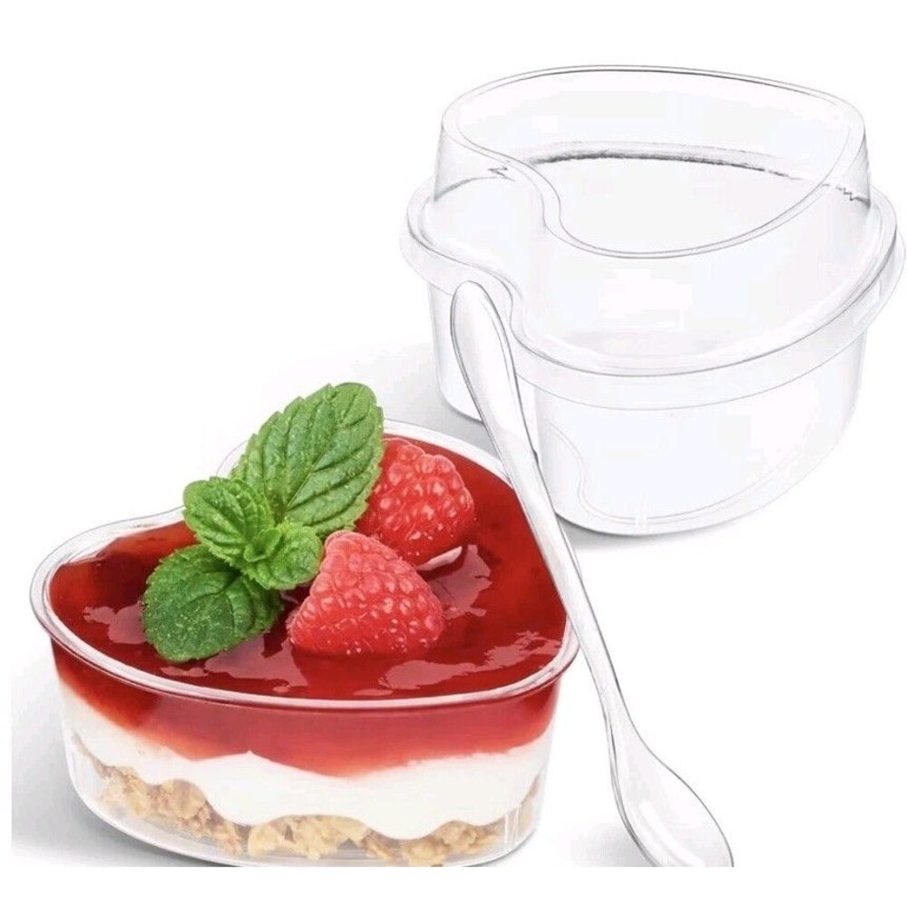 150Pcs 5 oz Heart Shaped Dessert Cup with Lid and Spoon, Serves 50 NEW!!
